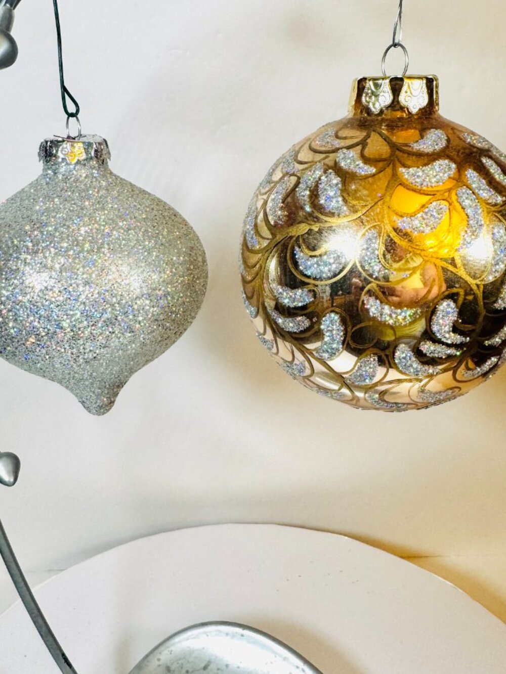 2 Golden and Silver Glass Christmas Balls 4" with Silver Glitter